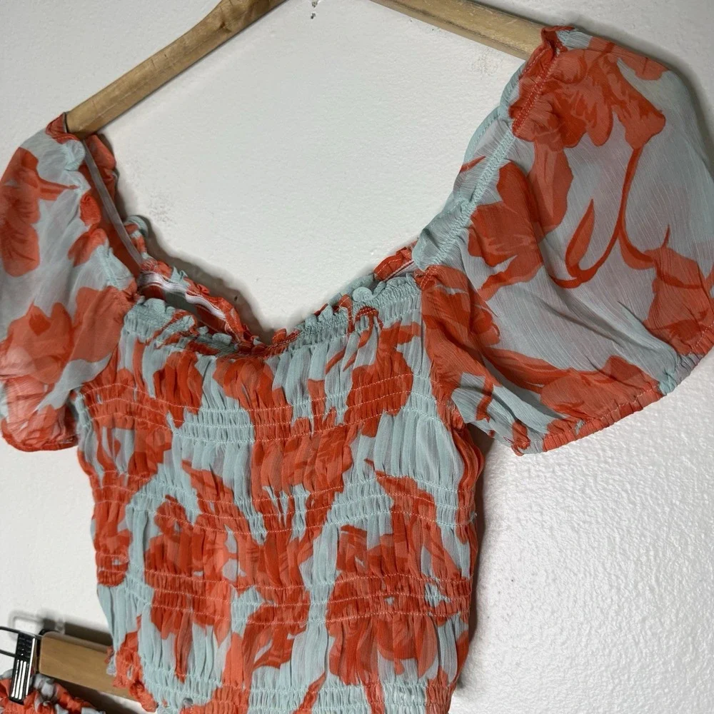New Olivaceous Coral Blue Tiered Ruffle Skirt Smocked Top Set Womens Small
